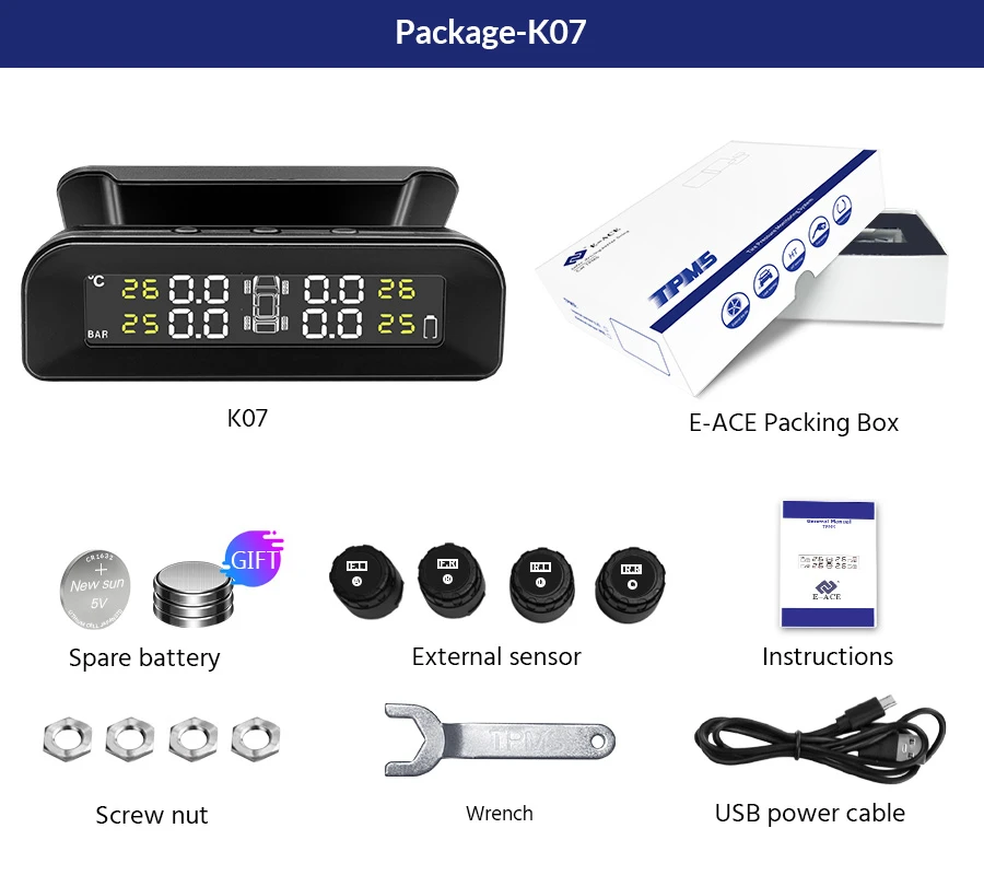 E-ACE Solar Power TPMS Car Tire Pressure Alarm Monitor System Auto Security Alarm Systems Tyre Pressure Temperature Warning