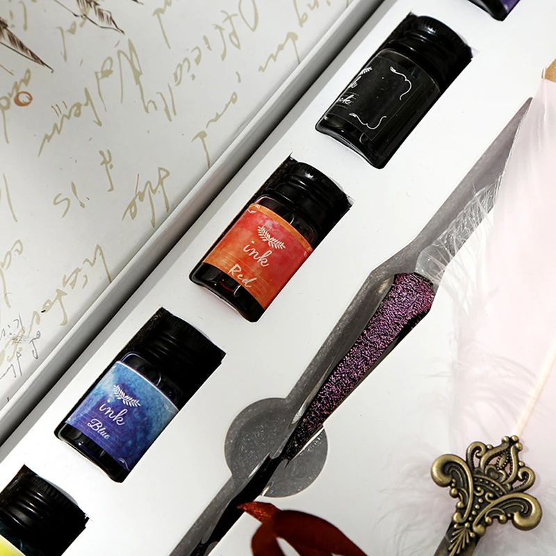 Glass pen ink starry sky dip pen crystal pen feather set student manual gradient color net red color ink pen