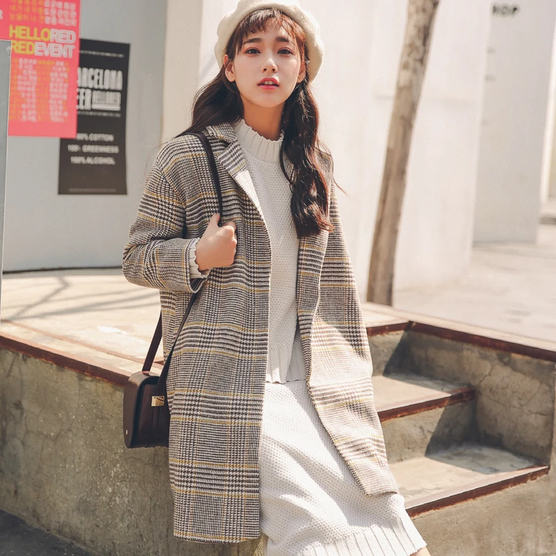 

New Autumn Winter Wool Women Plaid Pockets Blends Office Work Cardigan Long Coats Casual Lady Slim Long Sleeve Jacket