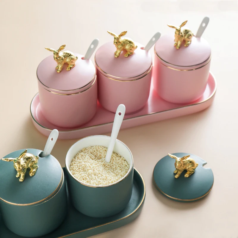 

Cute golden rabbit ceramic seasoning jar Creative kitchen decoration spice jar storage bottle