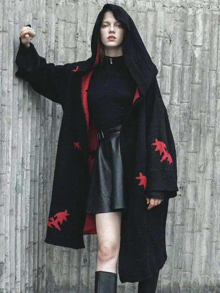 PUNK RAVE Girl's Gothic Bats Patten Hooded Knitted Long Cardigans Women Coats Personality Casual Knit Sweater