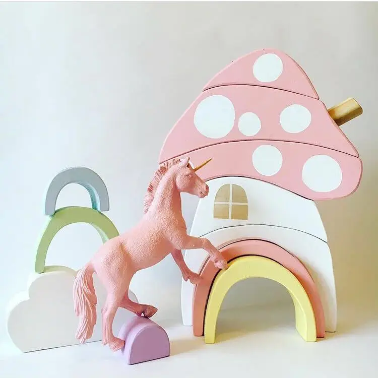 

INS Cross Border Northern European-Style Wooden Home CHILDREN'S Toy Mushroom Rainbow Building Blocks Pile Style Music Decoration