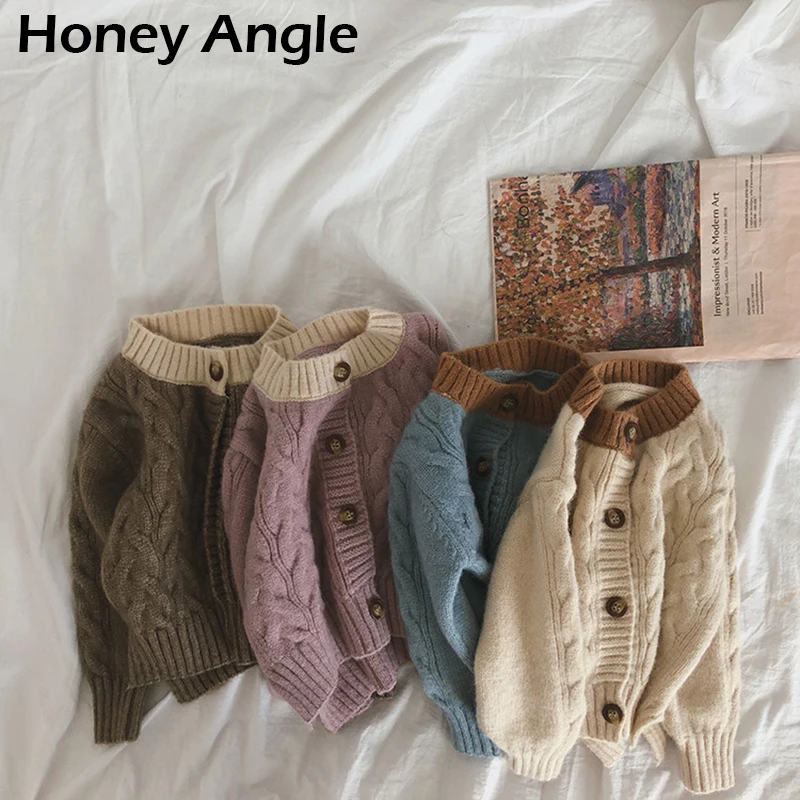 Honey Angle/весенне-осенний свитер для девочек; вязаный Детский кардиган с длинными рукавами; милая хлопковая верхняя одежда для маленьких девочек; Корейская одежда для малышей