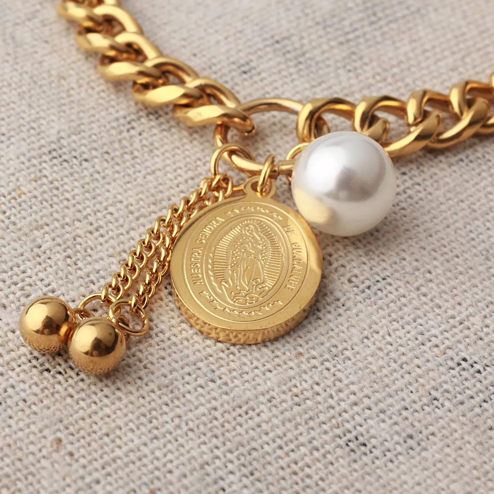 FINE4U B176 религиозная девственница Мэри талисманы браслет с жемчугом нержавеющая сталь звено цепи браслеты для христианских ювелирных изделий