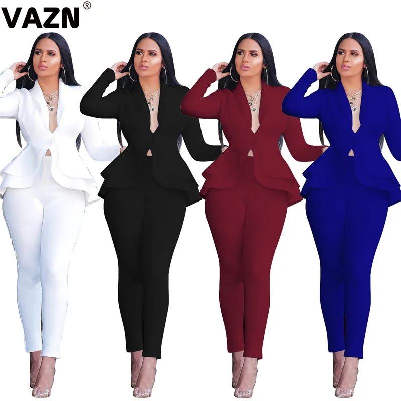 

VAZN CM610 Solid Cover Belly Suit V-Neck Through Fashion Full Sleeve Long Pants 2019 Bandage Women Sexy High 2 piece Women Set