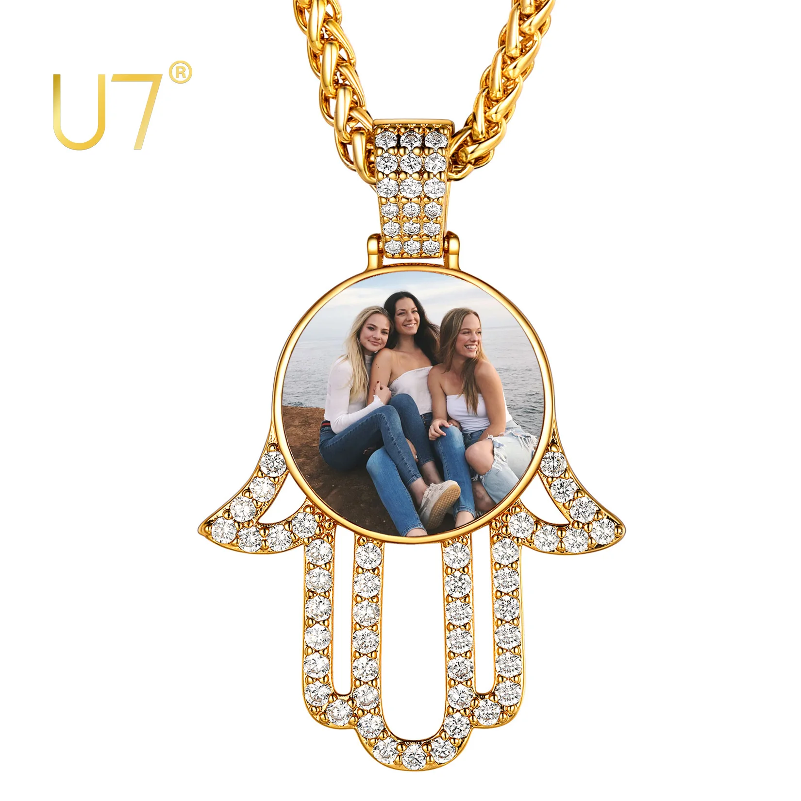 U7 Iced CZ Hamsa Hand Pendant  Chain 22 Inch Hip Hop Jewelry Personalized Custom Picture Photo Necklace for Men Women luxury personalised monogram tote bag canvas chain beach shopping tote bag personalized weekend hand bag