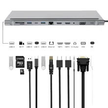 DeepFox 12-In-1 Type C Hub USB C to Dual HDMI VGA Rj45 USB 3.0 Ports SD/TF Card Reader USB-C Power Adapter Hub for MacBook Pro