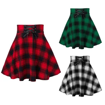 

Sexy Women Lattice Printing Splicing Skirt Summer Harajuku Women Fashion Skirts Check Print Halter A Line Pleated Skirt @0318