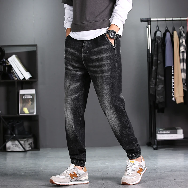 Мужские обтягивающие джинсы в стиле Харадзюку размера плюс 48 дымчатого черного цвета, уличная одежда, мужские повседневные Прямые джоггеры, джинсовые штаны