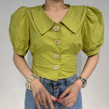 

ZCSMLL Korean Ins Niche Retro Lapel Chic Button Back Bow Carefully Machine Short Bubble Sleeve Shirt Female 2020 suumer tide