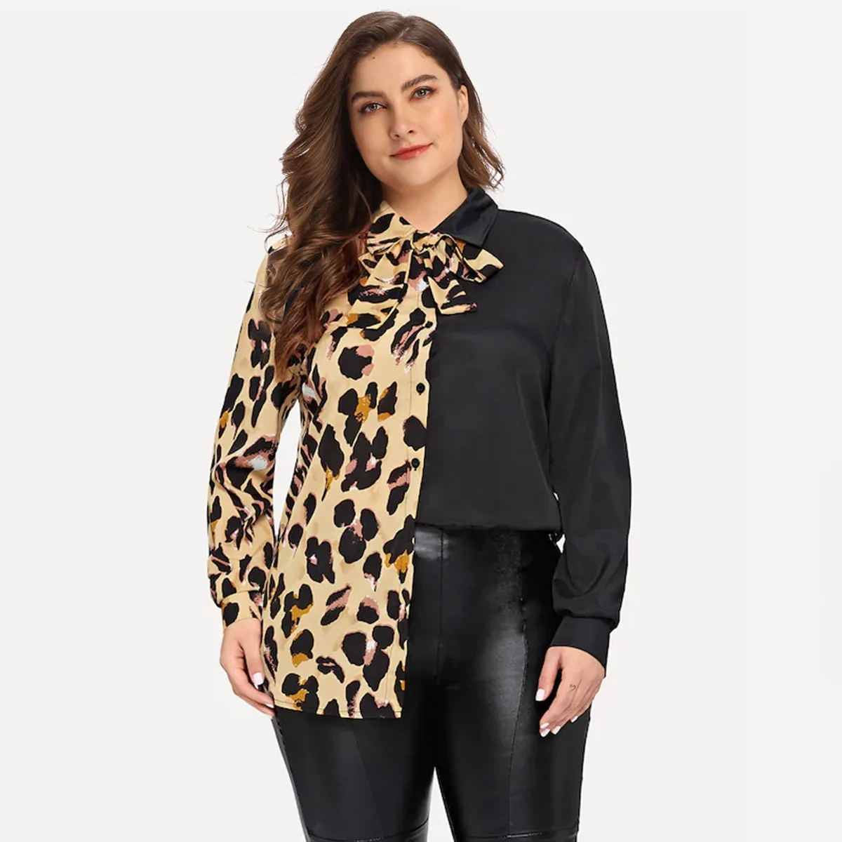 4XL Плюс Размер Женская Офисная рубашка модная Осенняя бабочка с длинным рукавом Леопардовый принт пэтчворк Элегантная блузка Рубашки