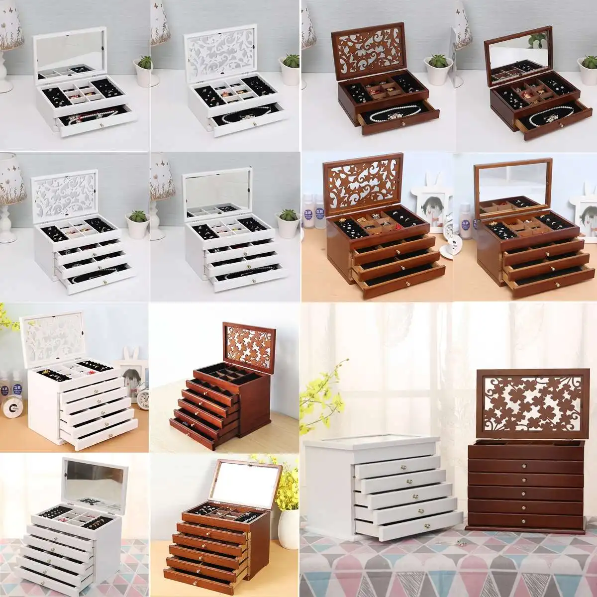6 Tier Wooden Jewelry Box Hollow/Mirror Jewelry Display Box Ring Storage Box Multi-Purpose Gift Box Vintage Storage Cabinet Top 2