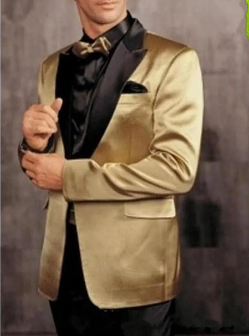 

New One Button Gold Jacket Black Pants Groom Tuxedos Peak Lapel Groomsman Men Prom Blazer Bridegroom Suits (Jacket+Pants+Tie)