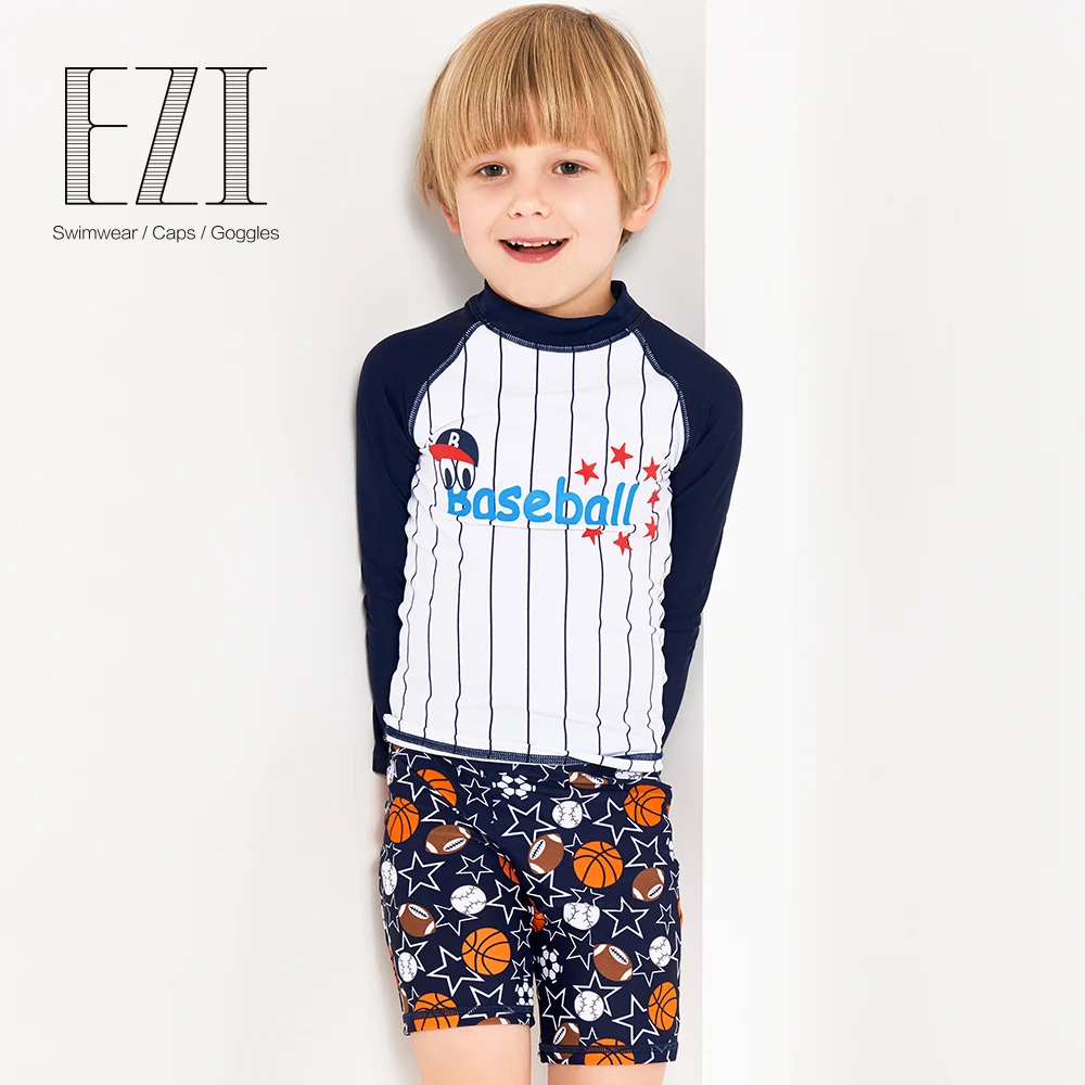 

JulySand Boys Rush Guard Cartoon ball Print Two Pieces Swimsuit Kids Long sleeves UPF 50+ Anti-UV Beachwear 16076
