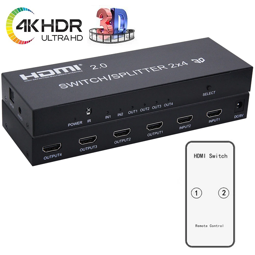 HDMI 2 0 2X4 сплиттер с Spdif/rca стерео аудио 3 5 мм в 4 4kX2K IR дистанционный пульт и адаптером