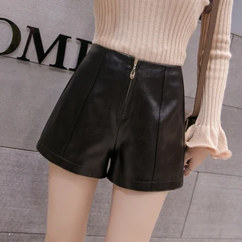 

Women Shorts Winter Basic PU Leather Short Pants Autumn Fall Office Lady Brief High Waist Zipper Wide Leg Mini Black Trousers