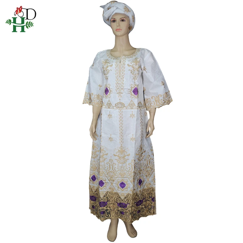 H&D африканская Анкара платья для женщин плюс размер кружевное платье вышивка Базен Макси платье с бисером Южная Африка одежда Дамский тюрбан - Цвет: Белый