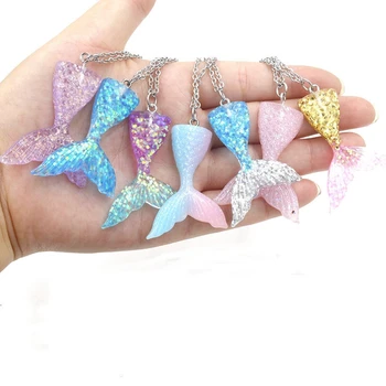 

Duftgold New Resin Mermaid Tail Pendant Necklaces Colorful Fashion Necklace for Girl Stainless Steel Jewelry Accessories 2020