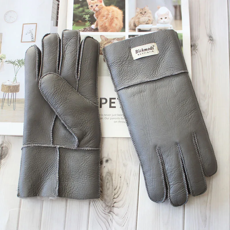 New winter warm men's sheepskin fur gloves leather thick wool outdoor wind and cold gloves