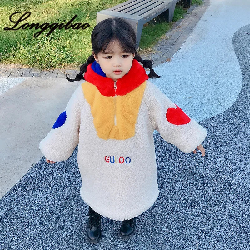 Longqibao/детская одежда Новинка года, осенне-зимнее утепленное пальто с мехом ягненка для девочек детский длинный свитер средней и маленькой длины