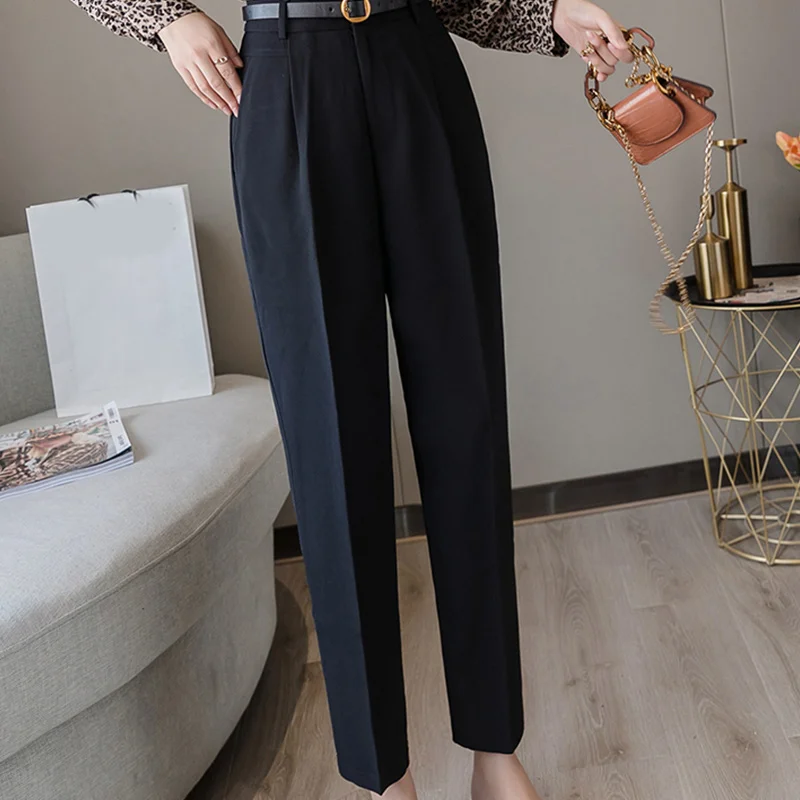 Осень-зима женские брюки с высокой талией свободные Формальные элегантные офисные женские брюки в Корейском стиле до щиколотки женские брюки новые женские брюки - Цвет: Черный