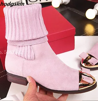 

2020 Warm Winter Stretch Knit Bow Tie Metal Crystal Cap-Toe Women Boots Botte Femme Platform Flat Botines Mujer Runway Shoes