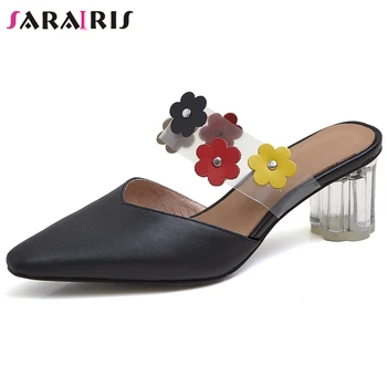 

SARAIRIS Pointed Toe Genuine Leather Mules Women High Clear Heels Leisure Mules Ladies Brand New Concise Flowers Dress Shoes