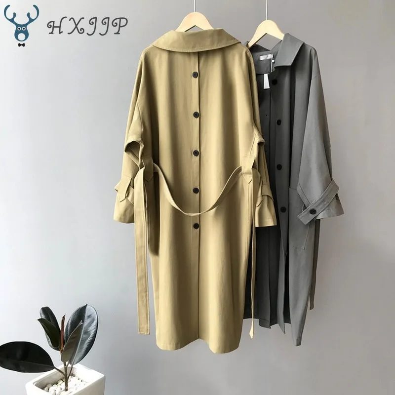 

Autumn 2019 New Waist Back Button Women's Casual Trench Coat Oversize Adjustable Waist Vintage Washed Outwear Loose Clothing
