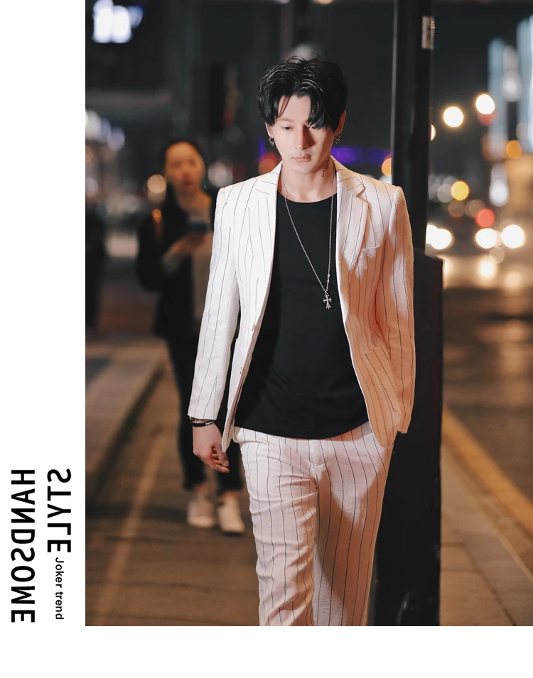 Весенне-летние тонкие мужские полосатые маленькие костюмы, комплект для тела, корейский стиль, красивый стильный костюм из двух предметов