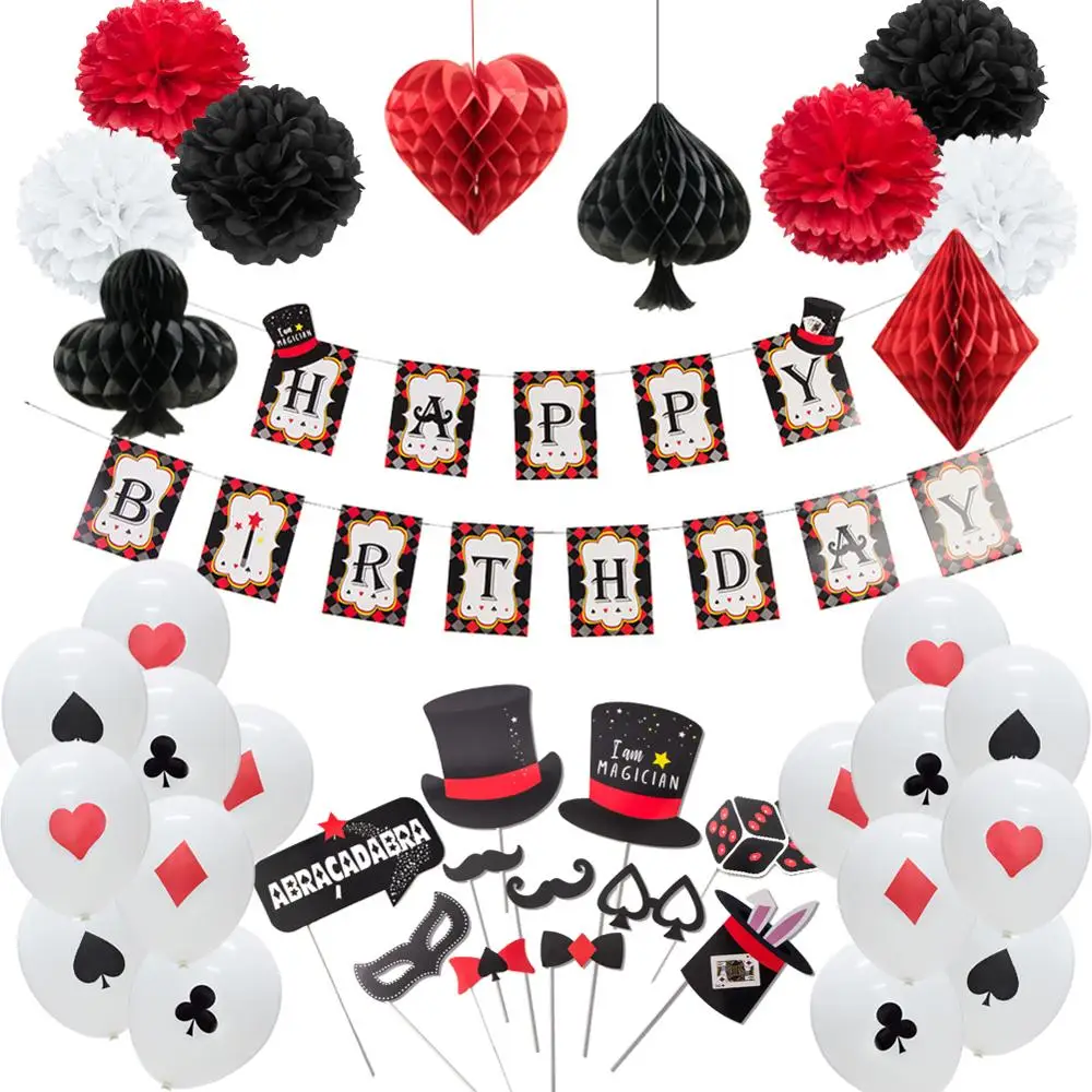 

Casino Magician Theme Party Poker Logo Hanging Happy Birthday Banner Latex Balloon Photo Props Birthday Magic Show Party Decor