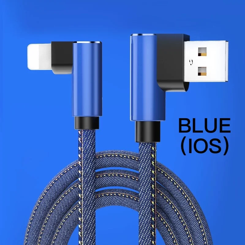 0,25 м, 1 м, 2 м, джинсовый USB кабель с изогнутой вилкой, кабель для мобильного телефона для iphone, быстрое зарядное устройство для samsung, huawei, Xiaomi, зарядный USB шнур - Цвет: For i0S Blue