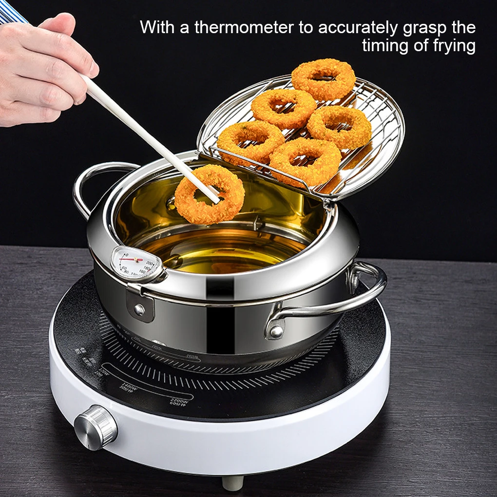 Stainless Steel Fryer Deep Frying Pot Household with a Thermometer and a Lid 