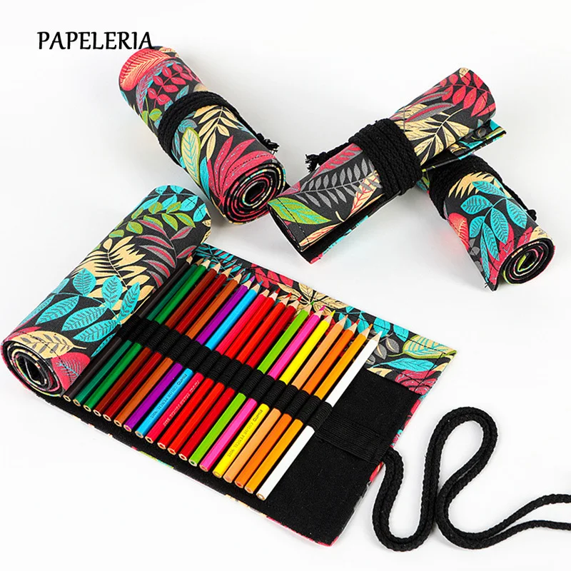 

Kawaii School Pencil Case 36/48/72 Holes Fallen leaves Pencilcase Cute Canvas Roll Pouch Pen Bag For Girls Boys Stationery
