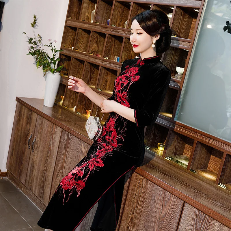 Осеннее женское традиционное китайское винтажное платье Qipao Чонсам с цветами, сексуальные велюровые вечерние платья, большие размеры 3XL 4XL