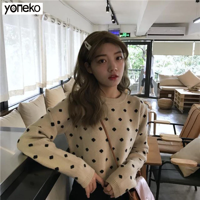 

Yoneko Kitty Cute Polka Dots Fresh Chic 2019 Autumn Gentle Loose Sweet All Match High Waist Knitted Pullovers Short Sweaters