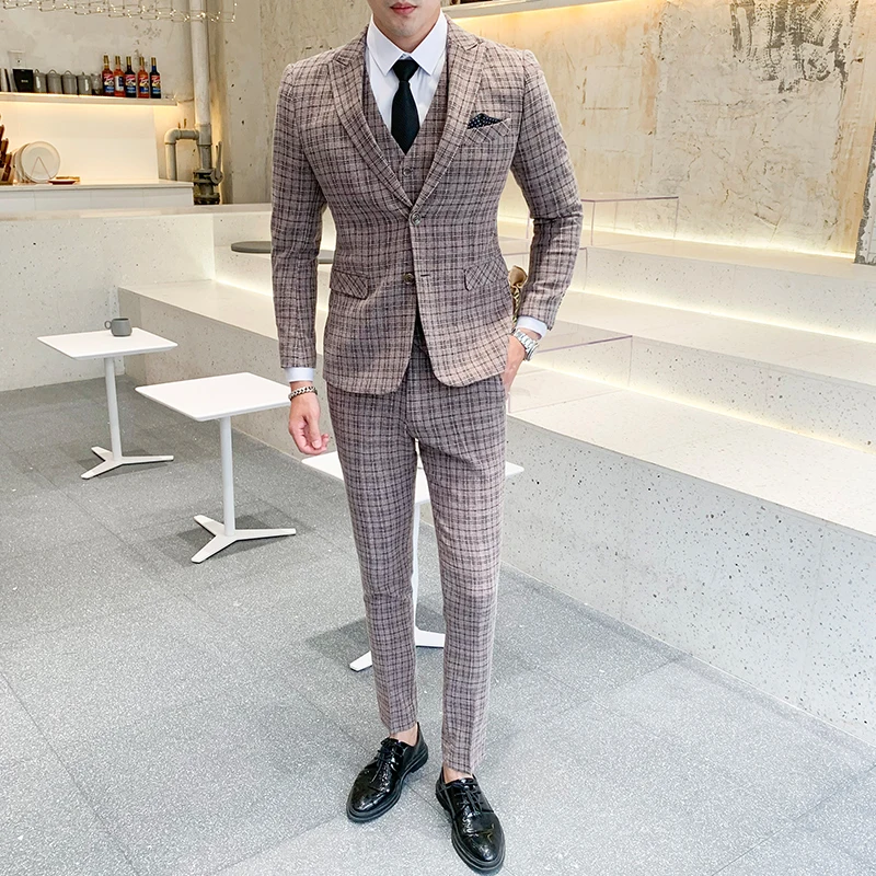 acket Pants Vest 3 pieces sets / fashion new men's casual boutique business grid suit suits Blazers trousers waistcoat 5XL