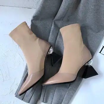 

Krazing pot 2019 genuine leather square toe strange art design high heels mid-calf boots young lady stretch fashion boots L52