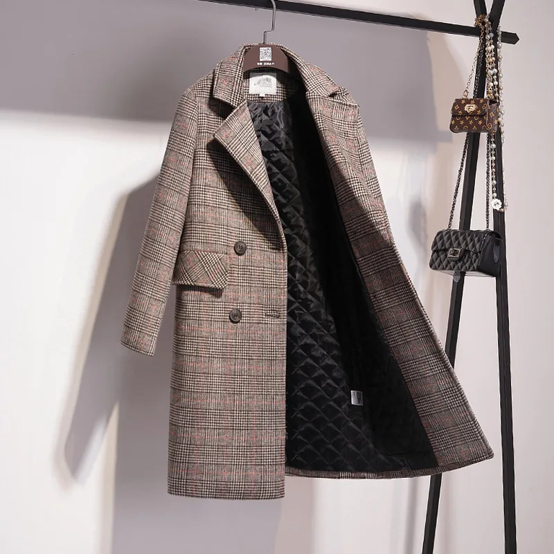 

s-3xL Houndstooth woolen coat female long section Korean version 2019 new winter plus cotton thick loose tartan coat