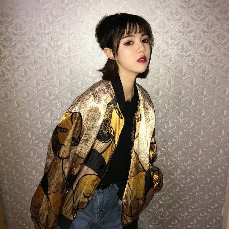 Harajuku куртка с золотым сатиновым принтом, свободные пальто, блестящая тонкая бейсбольная куртка, осенняя уличная куртка-бомбер