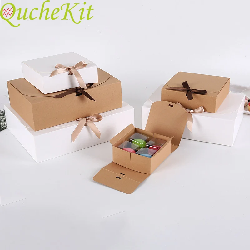 

10pcs Kraft Paper Bow Gift Box Packaging Baking White Cake Box Christmas Decor 2021 Wedding Gift Cardboard Boxes Party Supplies