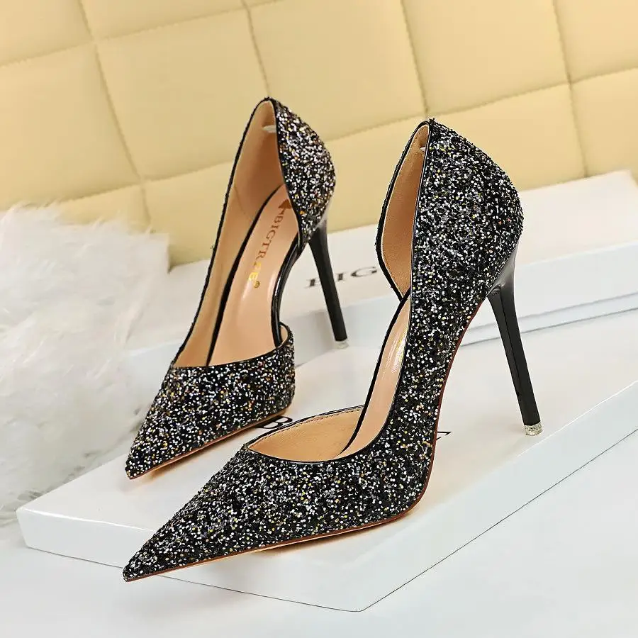 

High Heeled Shoes Women's Thin Heel Shallow Mouth Pointed Side Hollow Shining Sequin Single Shoes Summer New Fashion Women's