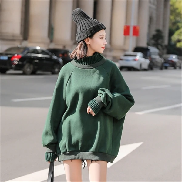 dark green RUGOD новые корейские Лоскутные толстовки женские Модные водолазки осень-зима пуловер толстый свободный женский свитер повседневное пальто - Цвет: dark green