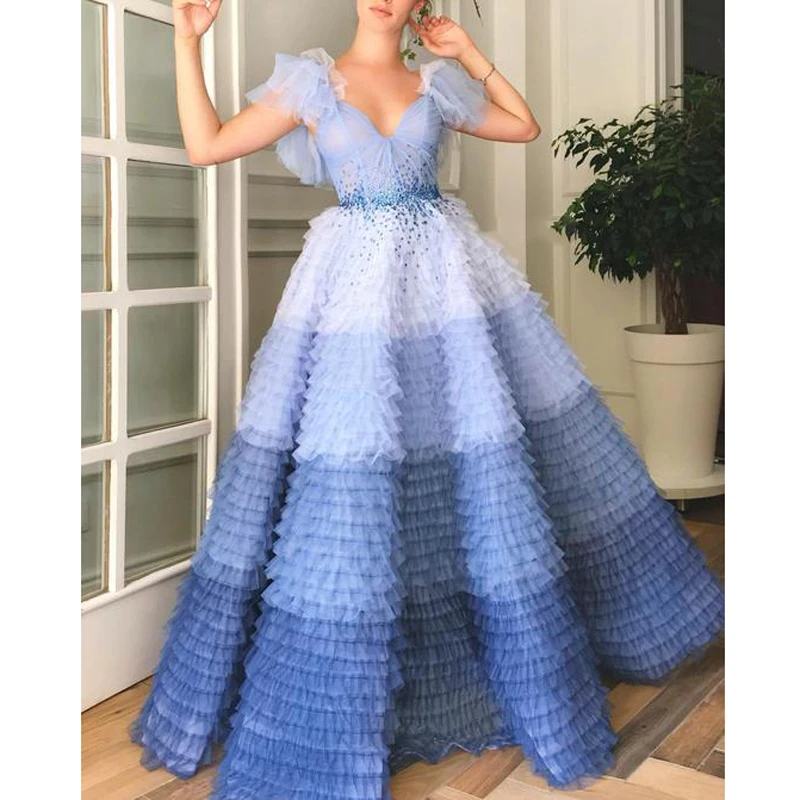 

2019 Couture Ombre Blue Robe de soiree Layered Tulle Elegant Evening Formal Dress V Neck Short Sleeve Prom Party Gowns Vestido