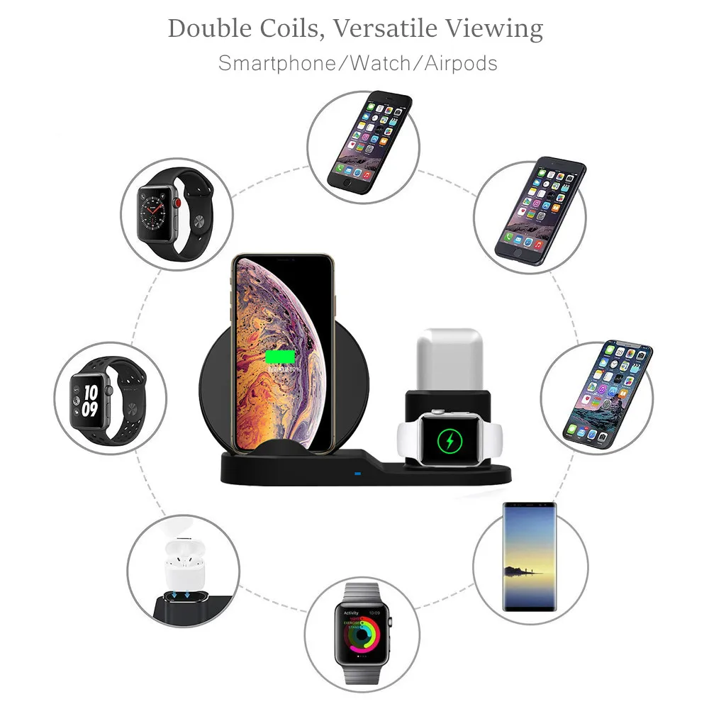 Qi Беспроводное зарядное устройство Быстрая зарядка для iPhone 8 X XS Max XR Apple Watch 4 3 2 Airpods 10 Вт Быстрая зарядка для samsung S9 S8 S7