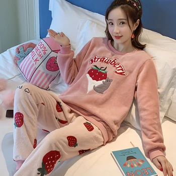 

Pajama Women Thick Flannel Warm Female Winter Pajama Set Long Sleeve Full Trousers Two Piece Pajamas Animal Cartoon owl