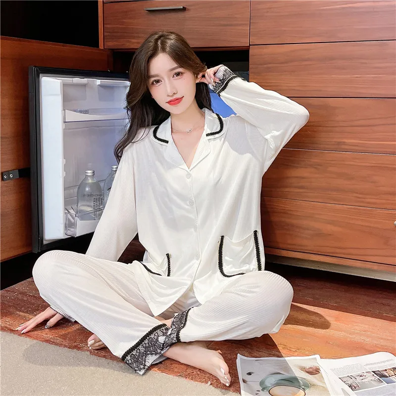 

Autumn Women Pajamas Set Spring ladies Modal Long Sleeve Lapel Shirt Trousers Strip Sexy Lace Sleepwear Home Suit Pijama Set