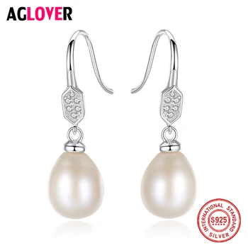 

AGLOVER 925 Silver Drop Earring Zircon Genuine 8-9MM Natural Freshwater Pearl Earrings For Women Gift Fashion Jewelry Hot Sale