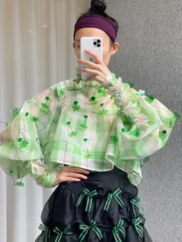 

2020 summer fashion women plaid loose shirt female beading blouse tops ddxgz2