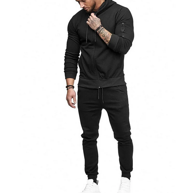 

Men Drawstring Sportwear Set Fashion Solid Sweatshirt&Pants Tracksuit Casual Zipper Hoodies Outwear Clothes 2020