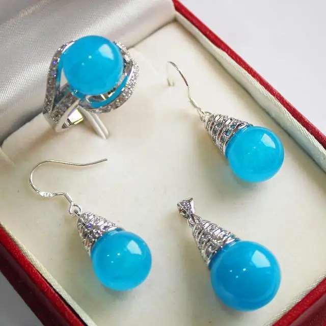 

Hot! beautiful new jewelry silver plated + 12mm blue jade pendant, earring, , ring set